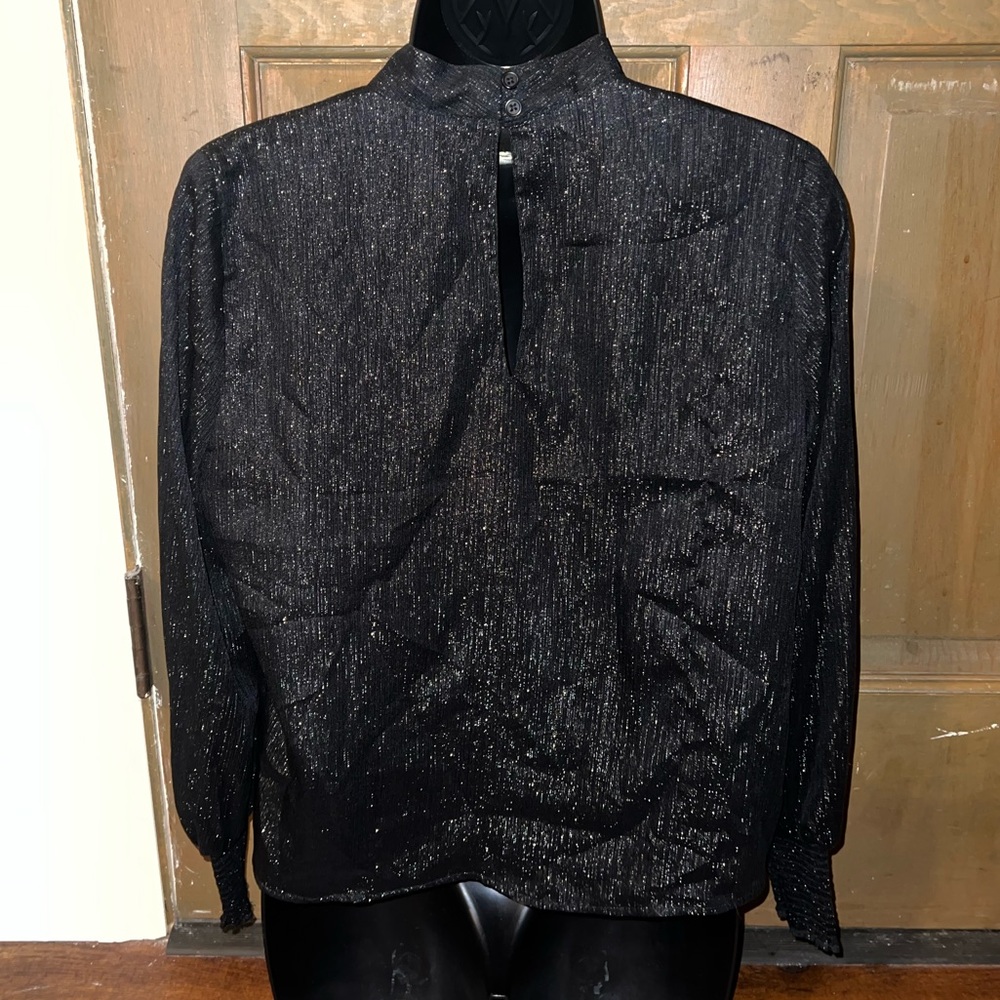 BB Dakota Black Whimsical Chic Shimmer Mock Neck Keyhole Back Blouse Size S - Picture 4 of 15